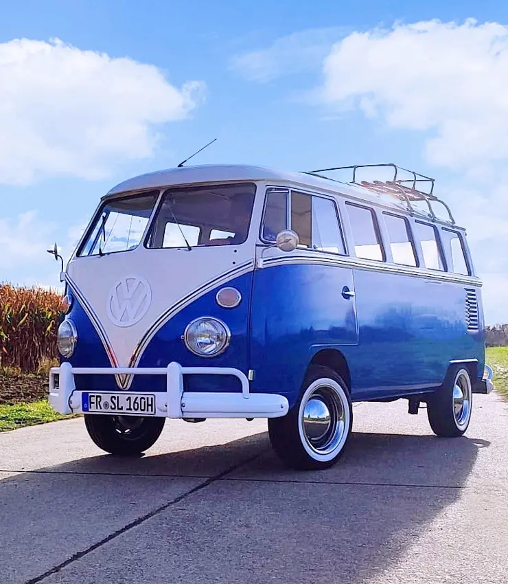 a historic blue VW T1 Bulli