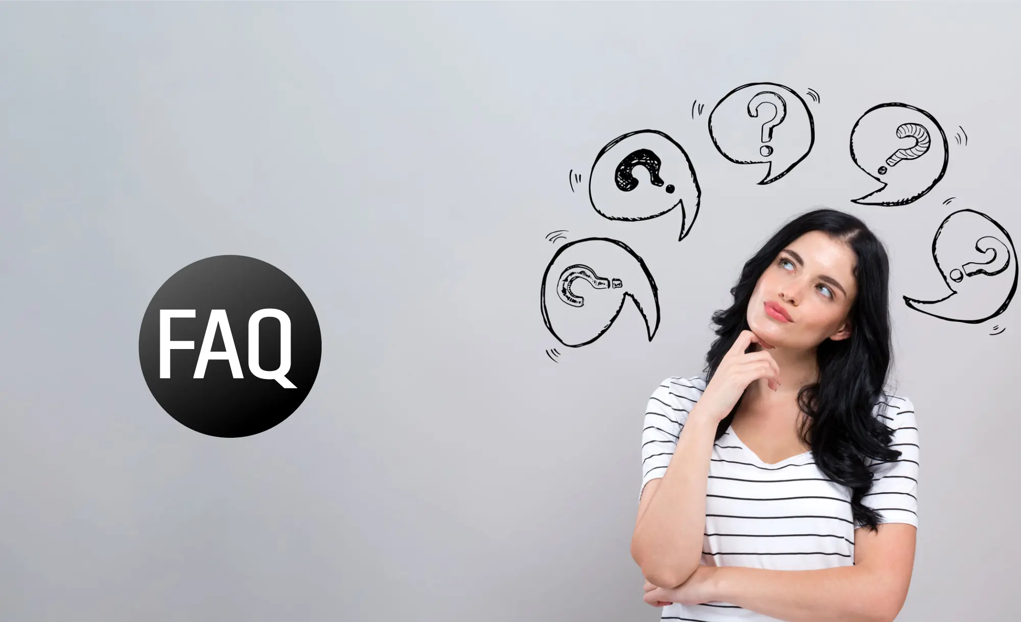A person with various comic speech bubbles with question marks above their head